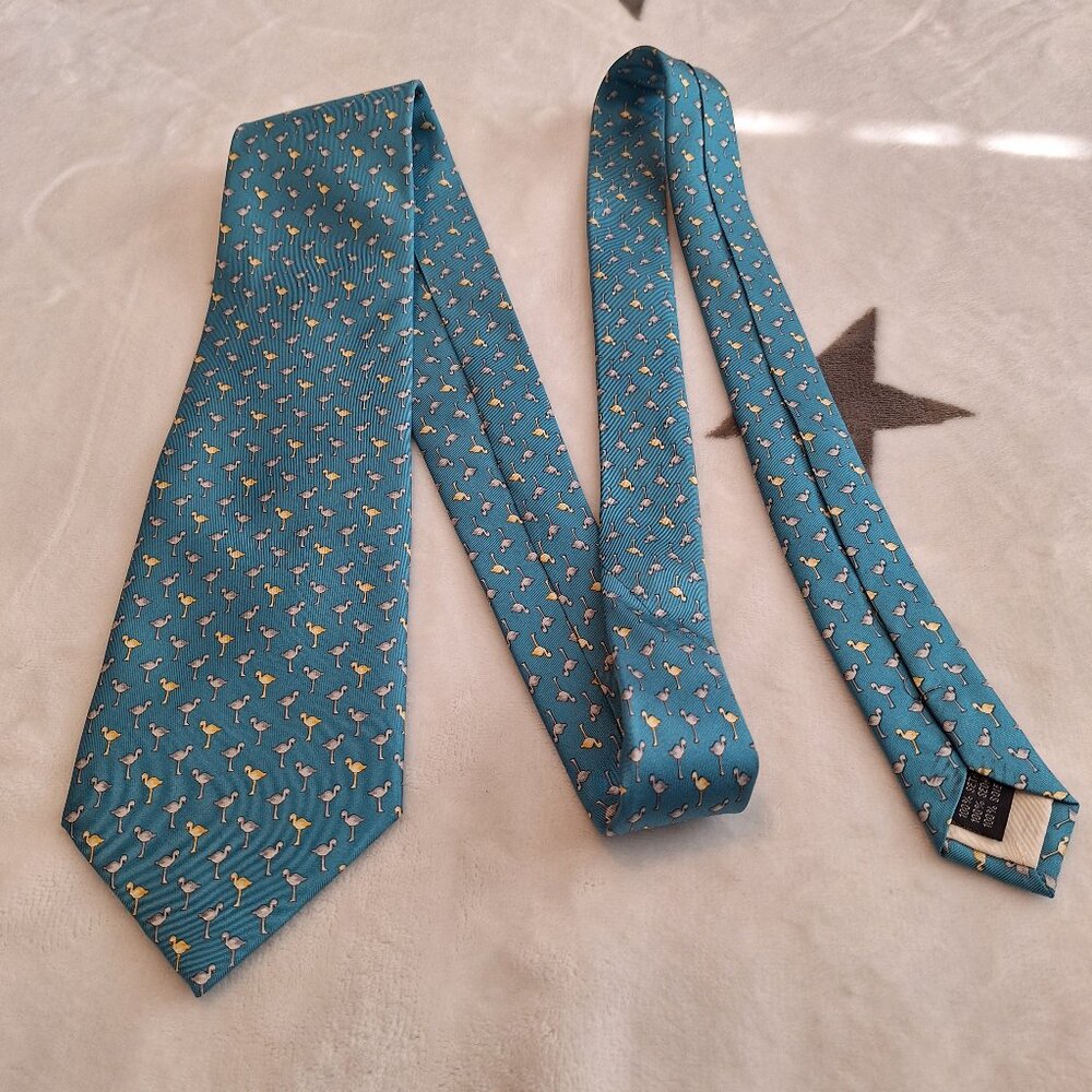 FUMAGALLI'S Men's‎ 100% Silk Necktie Blue Flamingo Bird Hand Made Made In Italy